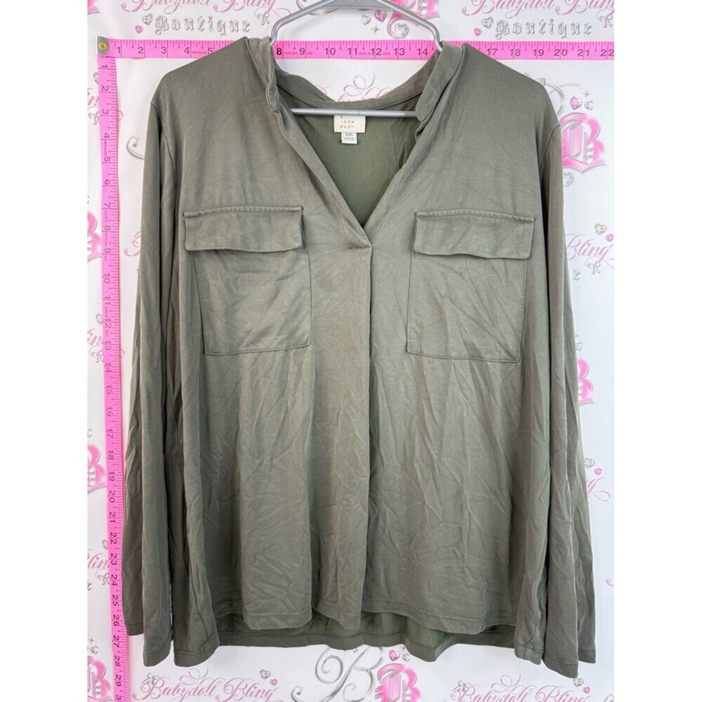 a new day long sleeve cargo style shirt grey Olive Green Utility V-Neck Blouse